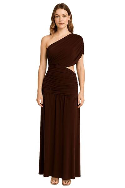  Avinci Brown One Shoulder Draping Detailed Side Cut Out Maxi Dress 