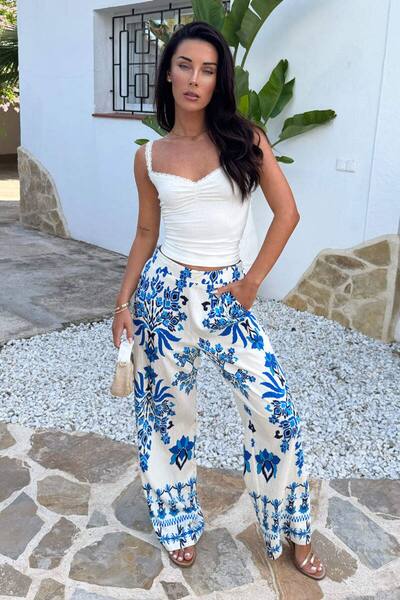  Ax Paris Blue Boho Floral Print Wide Leg Trousers 