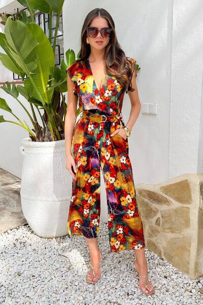  Ax Paris Floral Print Wrap Top Flutter Sleeve Belted Jumpsuit 
