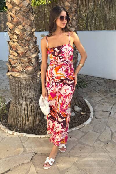  Ax Paris Water Marble Print Strappy Slip Midi Dress 