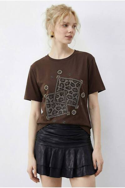  Bianco Lucci Crew Neck Geometric Sequin Printed T-shirt, Chocolate 