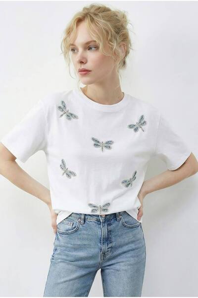  Bianco Lucci Embroidered Crew Neck Relaxed Fit T-shirt, White 