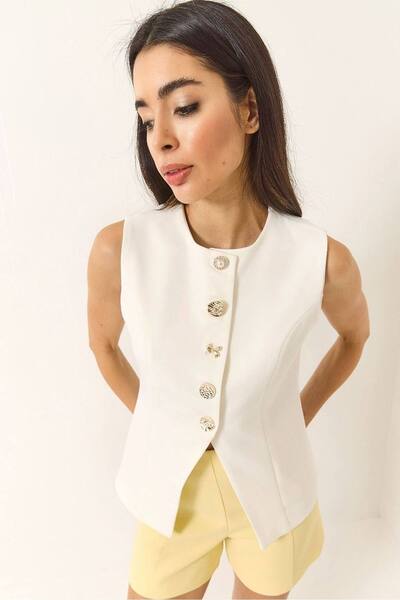  Bianco Lucci Fitted Sleeveless Button-front Waistcoat With Crew Neck, White 