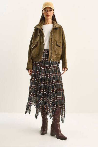  Bianco Lucci Lined Checkered Midi Skirt, Bottle Green 