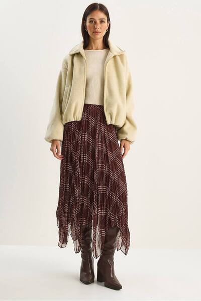  Bianco Lucci Lined Checkered Midi Skirt, Chocolate 
