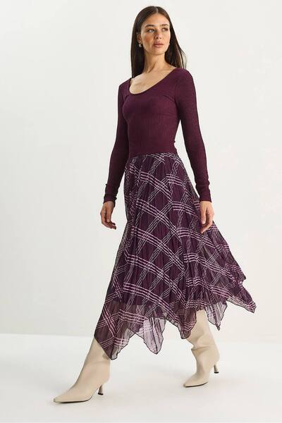  Bianco Lucci Lined Checkered Midi Skirt, Mauve 