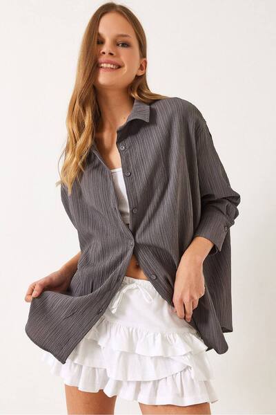  Bianco Lucci Oversized Textured Shirt, Charcoal 