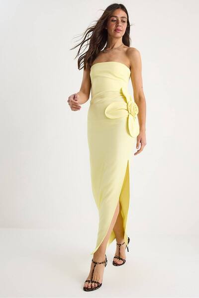  Bianco Lucci Strapless Floral Maxi Dress With Bow Detail, Lemon 