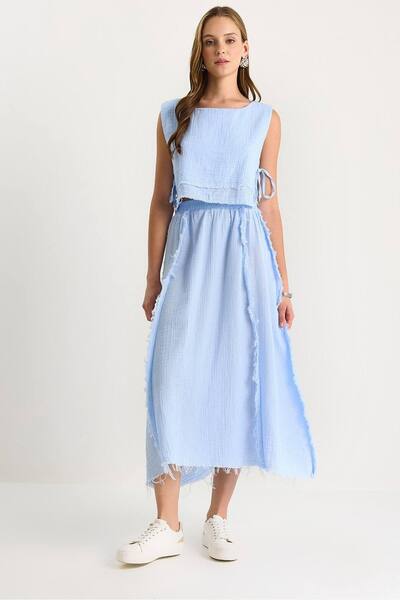  Bianco Lucci Textured Blouse & Skirt Muslin Fabric Two-piece Set, Baby Blue 