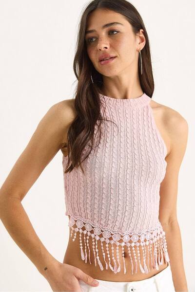  Bianco Lucci Textured Halter Crop Blouse, Pale Pink 