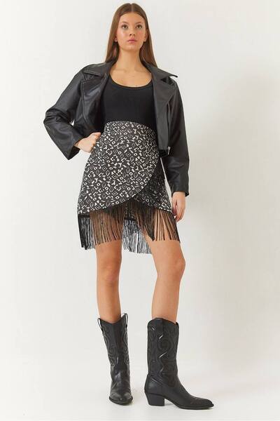  Bianco Lucci Textured Patterned Mini Skirt With Tassel And Tie Closure, Dark Grey 