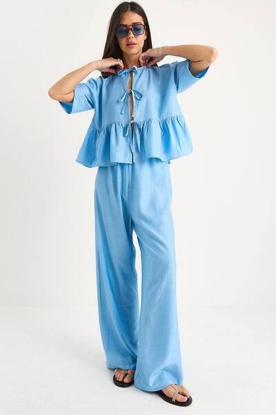  Bianco Lucci Textured Two-piece Coord Set With Ruffle Detail, Baby Blue 