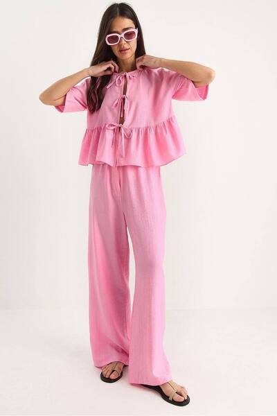  Bianco Lucci Textured Two-piece Coord Set With Ruffle Detail, Light Pink 