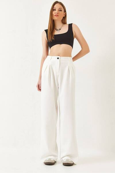  Bianco Lucci Wide Leg Pleated Pants, White 
