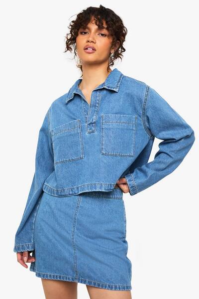  Boohoo A-line Denim Skirt, Mid Blue 