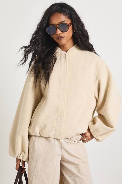  Boohoo Balloon Sleeve Wool Look Bomber Jacket, Stone 