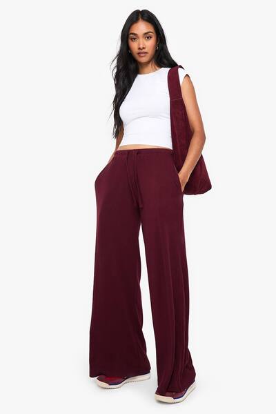  Boohoo Basic Rib Straight Leg Trouser, Dark Red 