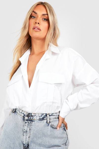  Boohoo Boohoo Basics Plus Oversized Cotton Poplin Utility Shirt, White 