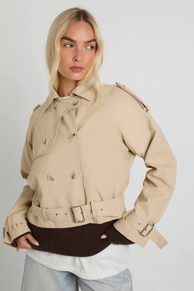  Boohoo Belted Short Trench, Stone 