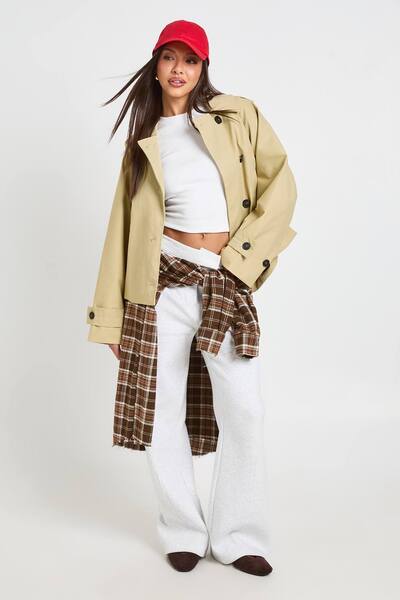  Boohoo Boxy Detachable Hood Short Trench Jacket, Stone 