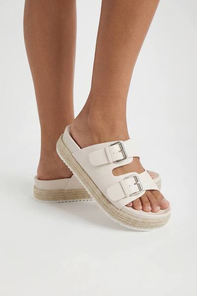  Boohoo Buckle Detail Double Strap Platform Sliders, Ecru 