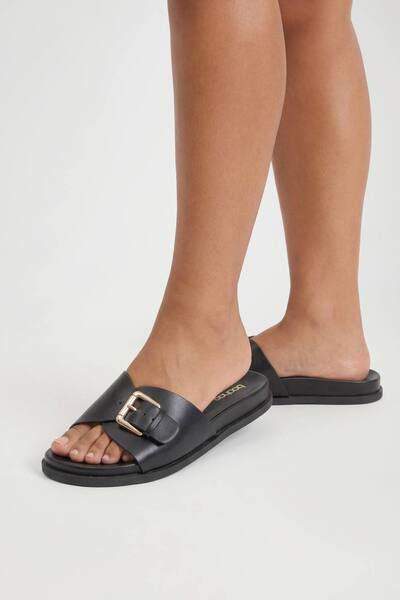  Boohoo Buckle Strap Platform Sliders, Black 