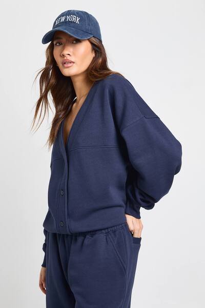 Boohoo Button Through Cardigan Sweatshirt And Straight Leg Jogger Tracksuit, Navy 
