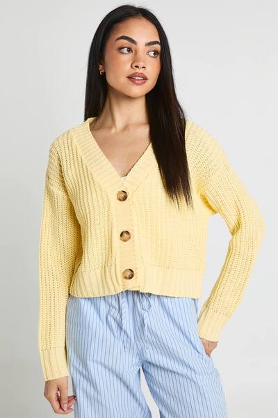  Boohoo Button Through Crop Cardigan Sweater, Lemon 