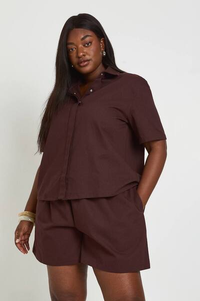  Boohoo Chambray Button Through Shirt, Chocolate 