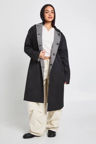 Boohoo Checked Oversized Reversible Midi Trench Jacket, Black 