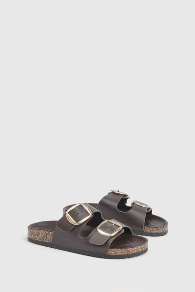  Boohoo Chunky Buckle Footbed Sliders, Chocolate 