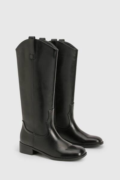  Boohoo Clean Western Distressed Block Heel Cowboy Boots, Black 