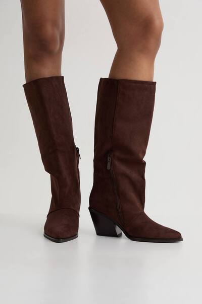  Boohoo Column Western Cowboy Boots, Chocolate 