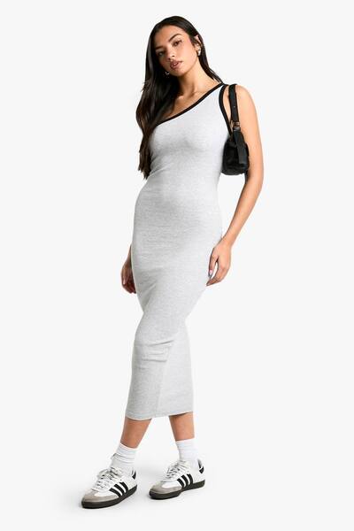  Boohoo Contrast Binding One Shoulder Midaxi Dress, Grey Marl 