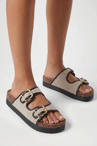  Boohoo Contrast Detail Double Buckle Flatform Sliders, Black 