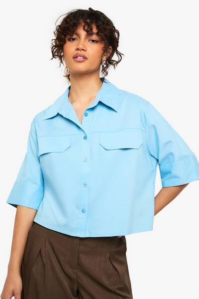  Boohoo Cotton Crop Shirt, Blue 