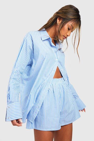  Boohoo Cotton Pinstripe Pyjama Short, Blue 