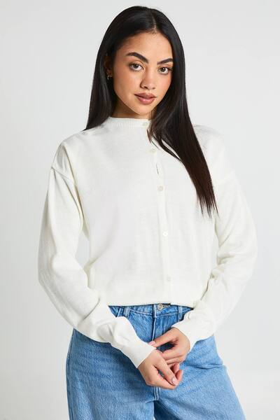 Boohoo Crew Neck Button Up Cardigan Sweater, Ecru 
