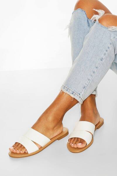  Boohoo Croc Peep Toe Sliders, White 