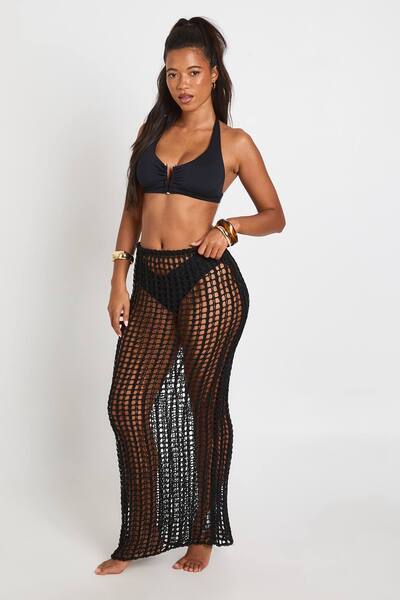  Boohoo Crochet Maxi Beach Skirt, Black 