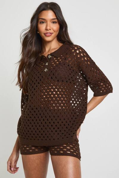  Boohoo Crochet Oversized Knitted Beach Shirt And Short Set, Chocolate 