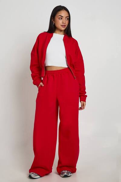 Boohoo Deep Hem Zip Through Bomber Tracksuit, Red 
