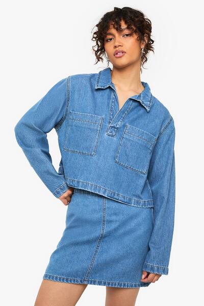  Boohoo Denim Collared Rugby Shirt, Mid Blue 