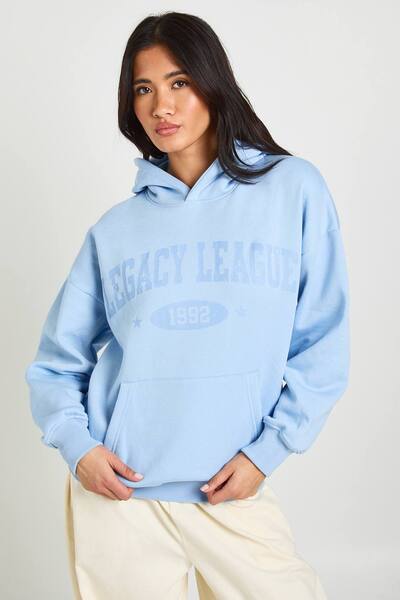  Boohoo Distressed Graphic Printed Oversized Hoodie, Light Blue 