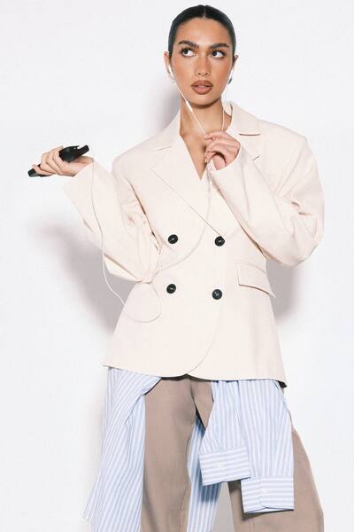  Boohoo Double Breasted Boxy Blazer, Ecru 