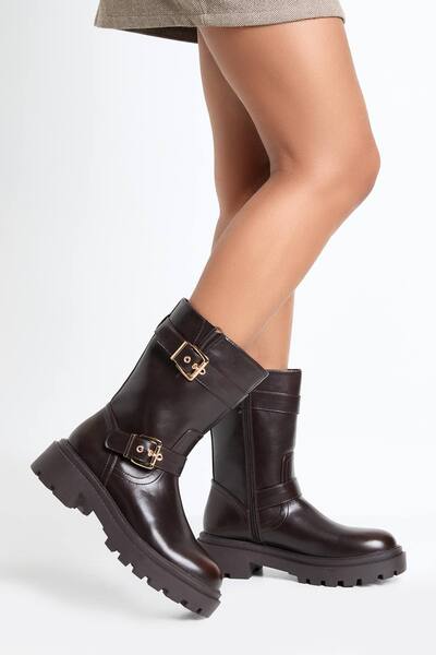  Boohoo Double Buckle Detail Hiker Boots, Chocolate 