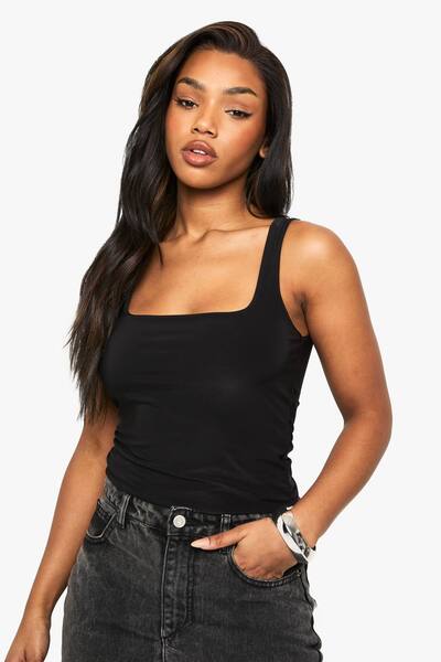  Boohoo Double Layer Slinky Square Neck Vest Top, Black 