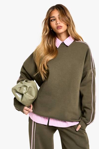  Boohoo Double Side Striped Oversized Sweatshirt, Olive 