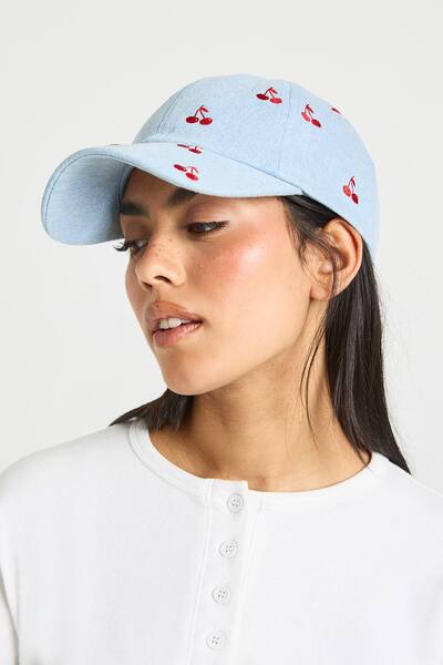  Boohoo Embroidered Cherry Print Denim Cap, Denim-blue 