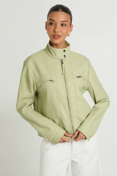  Boohoo Faux Leather Button Up Collar Zip Pocket Jacket, Green 